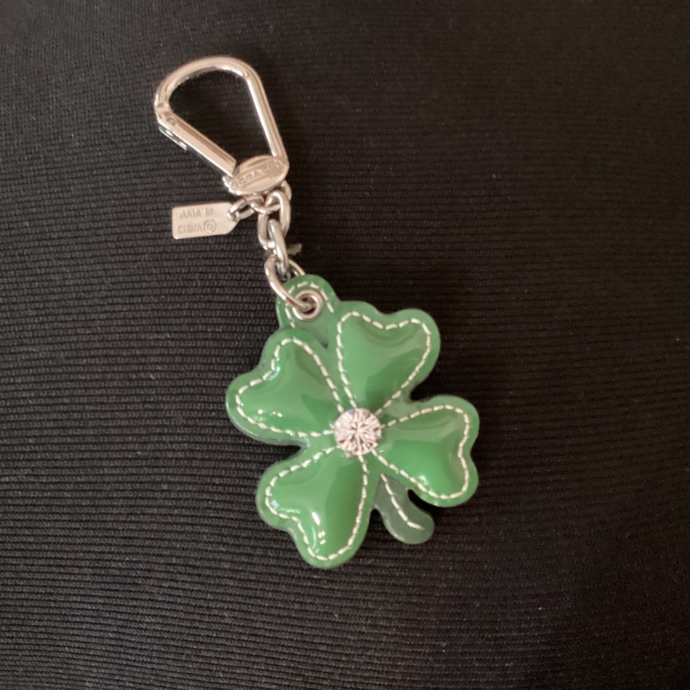 Coach Shamrock 4 Leaf Clover Lucky Patent Leather Crystal Key Ring/ Charm